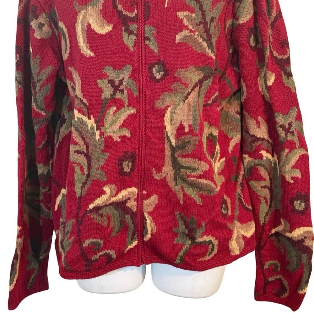 Talbots Red Leaf Design Cotton & Ramie Blend Zip Up Cardigan Sweater sz Large - Picture 14 of 16